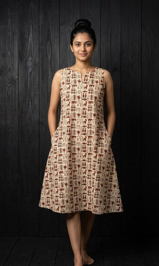 Woman wearing a patterned dress against a dark wooden background