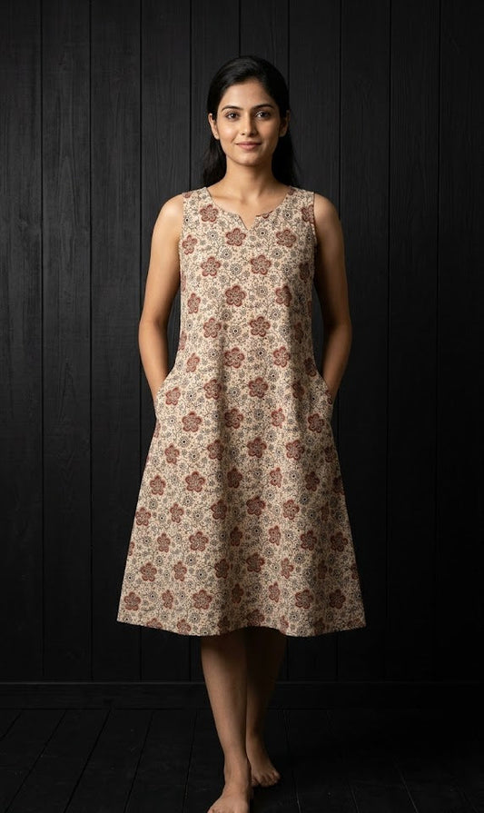Woman wearing a sleeveless floral dress against a dark background