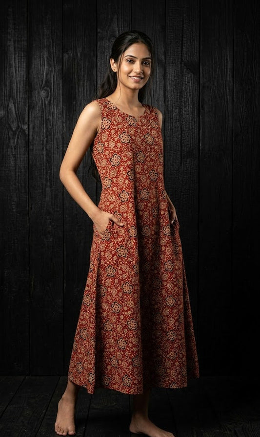 Woman wearing a long, patterned dress against a dark background