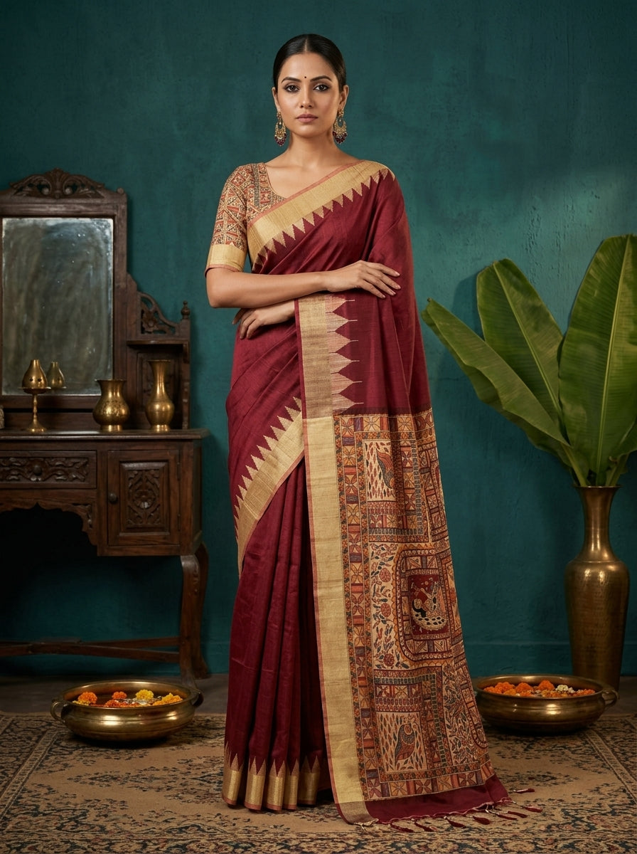 Woman in a maroon saree with gold patterns standing in a room with decorative elements.