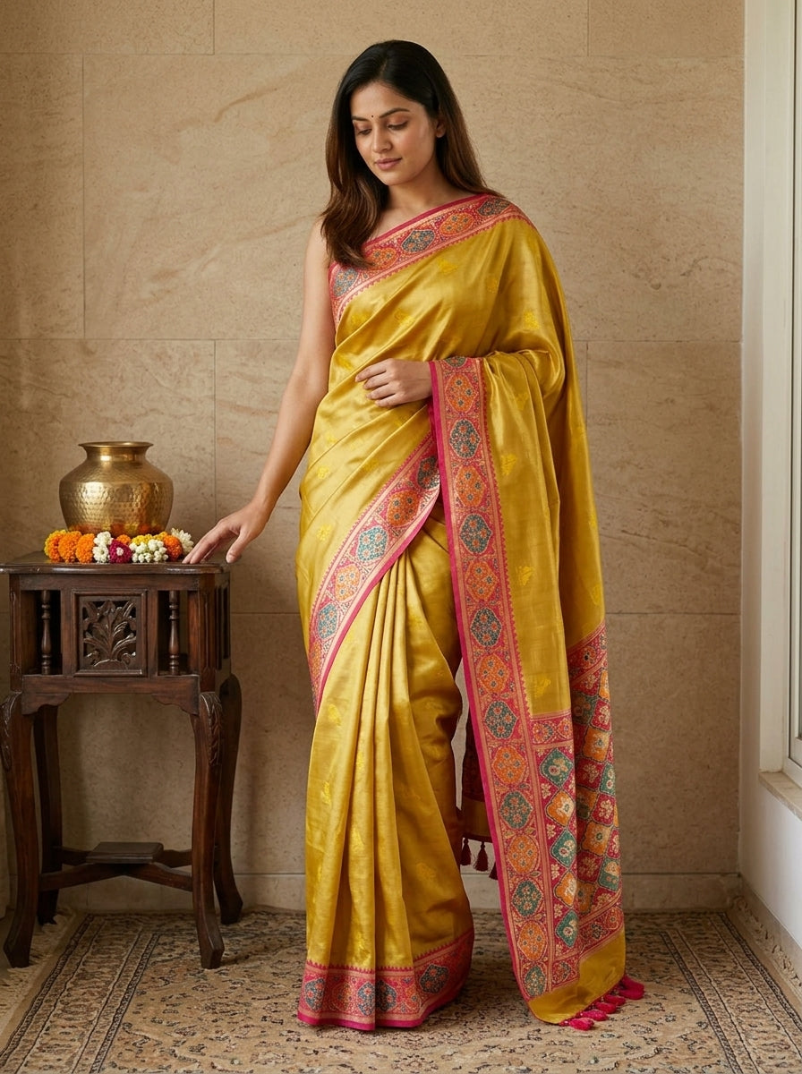Woman in a yellow saree with pink border standing next to a small wooden table.