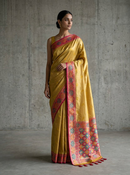 Woman wearing a yellow saree with a red border against a concrete wall.