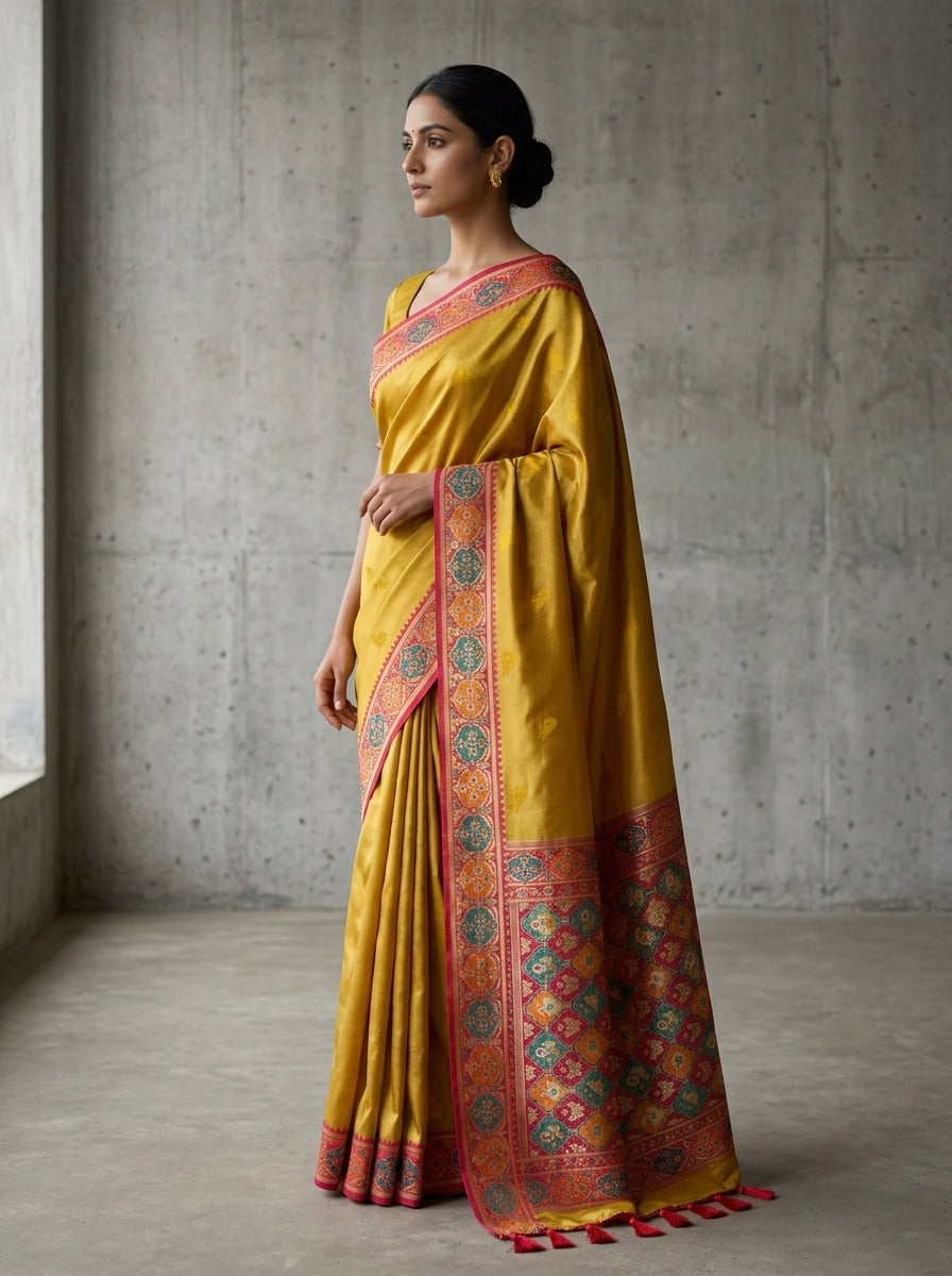 Woman wearing a mustard yellow saree with a red border against a gray concrete wall.