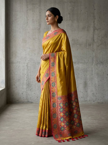 Woman wearing a mustard yellow saree with a red border against a gray concrete wall.