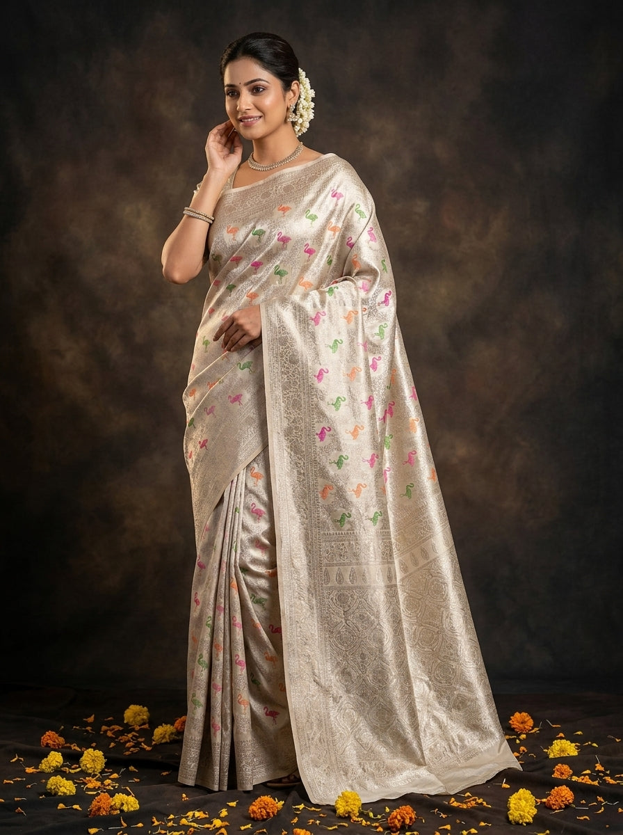 Woman wearing a traditional saree with a floral pattern against a dark background