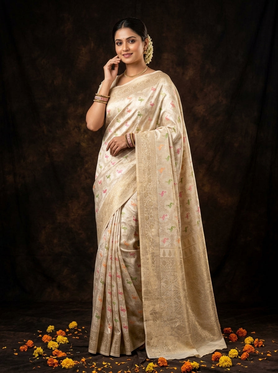 Woman in a beige saree with a dark background