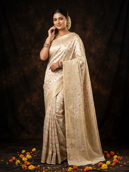 Woman in a beige saree with a dark background