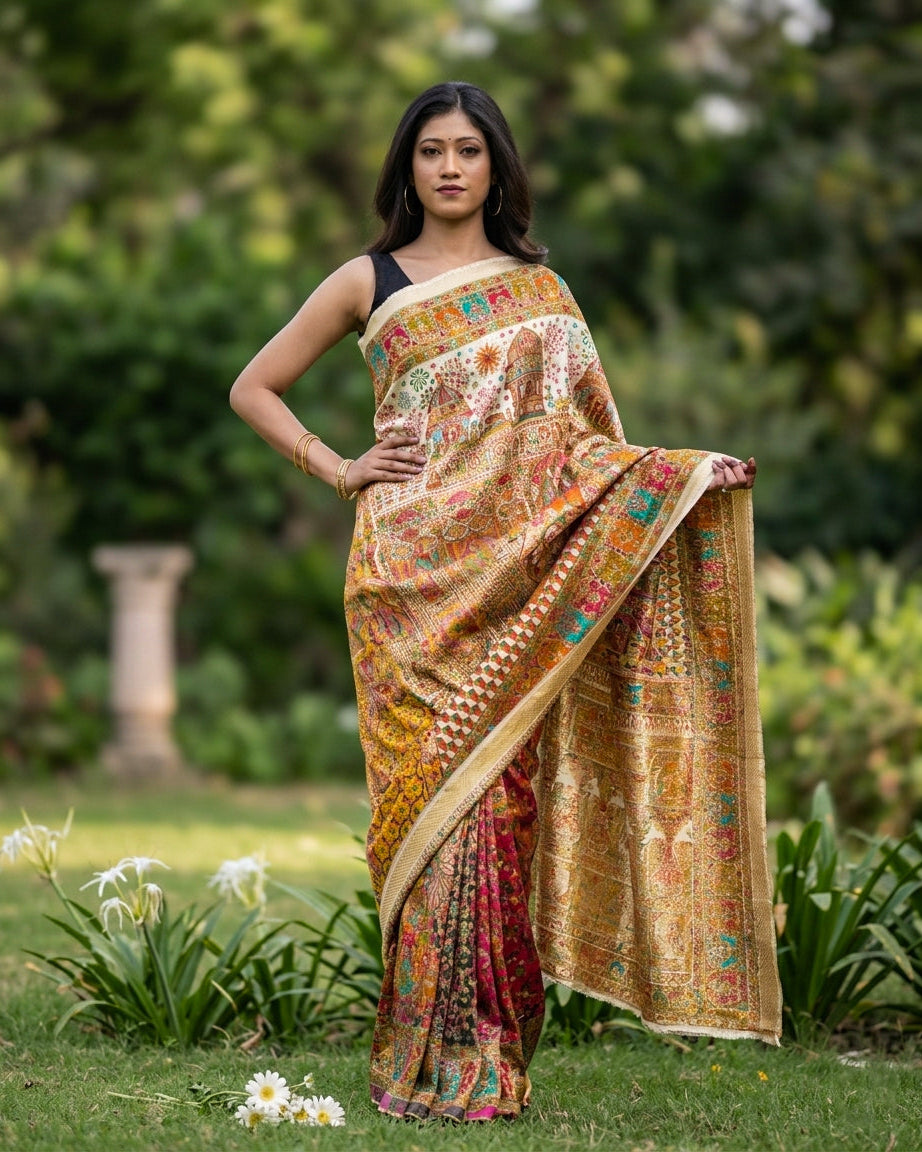 Woman wearing a colorful saree outdoors with greenery in the background