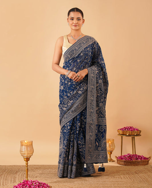 Obsidian Black Hand-Embroidered Saree with Contrast White Aari Work