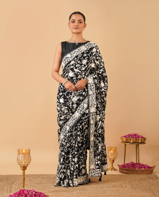 Deep Navy Chiffon Saree with Silver Zari ‘Jal’ Weave