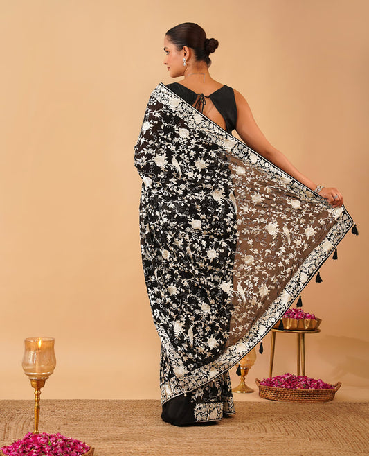Deep Navy Chiffon Saree with Silver Zari ‘Jal’ Weave