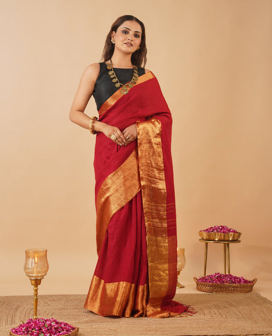 Ruby Red Linen Saree with Metallic Copper Zari Pallu