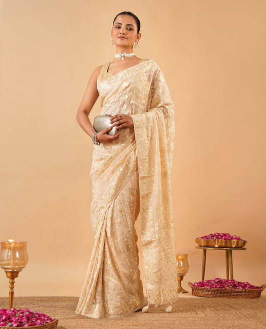 Hand-Embroidered Ivory Organza Saree with Floral Resham Work