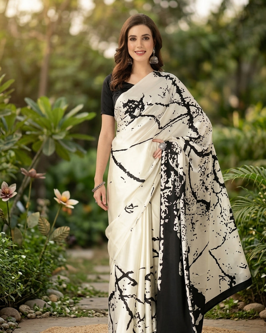 Woman wearing a white saree with black patterns in a garden setting