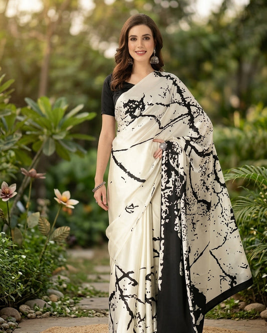 Woman wearing a white saree with black patterns in a garden setting